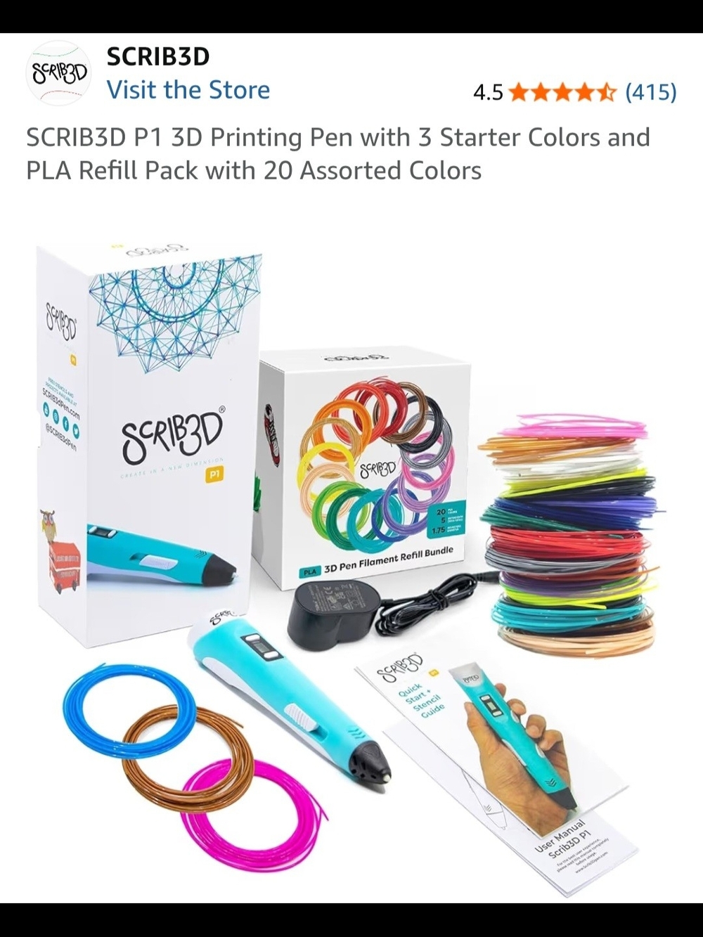 SCRIB3D P1 3D Printing Pen with Multi-Color PLA Filament